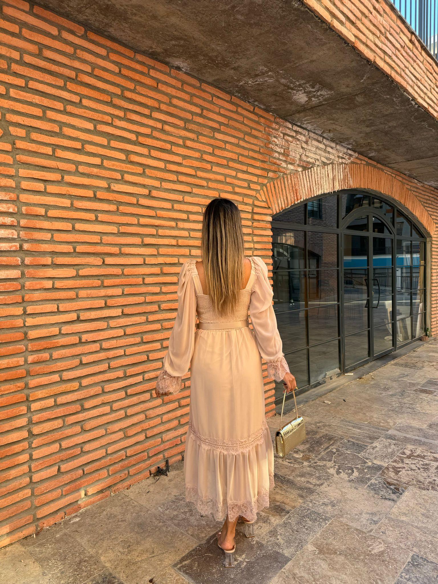 Rapunzel Dantel Detay Kemerli Şifon Elbise Krem 1707343