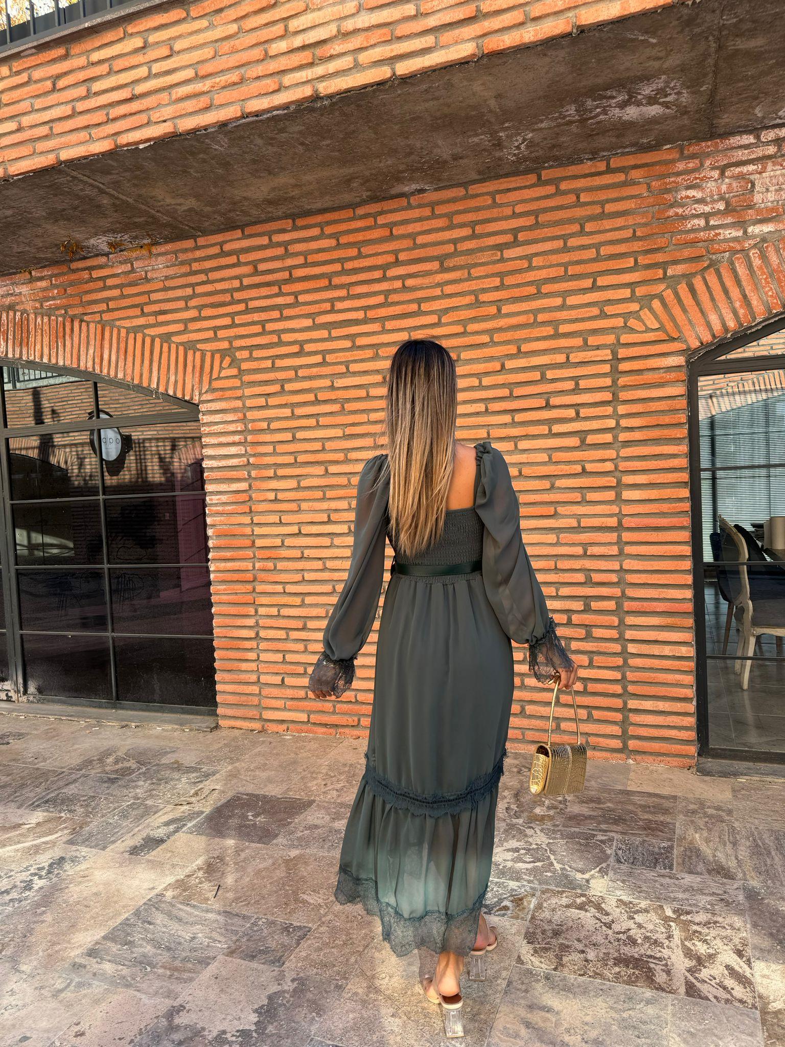 Rapunzel Dantel Detay Kemerli Şifon Elbise Yeşil 1707343