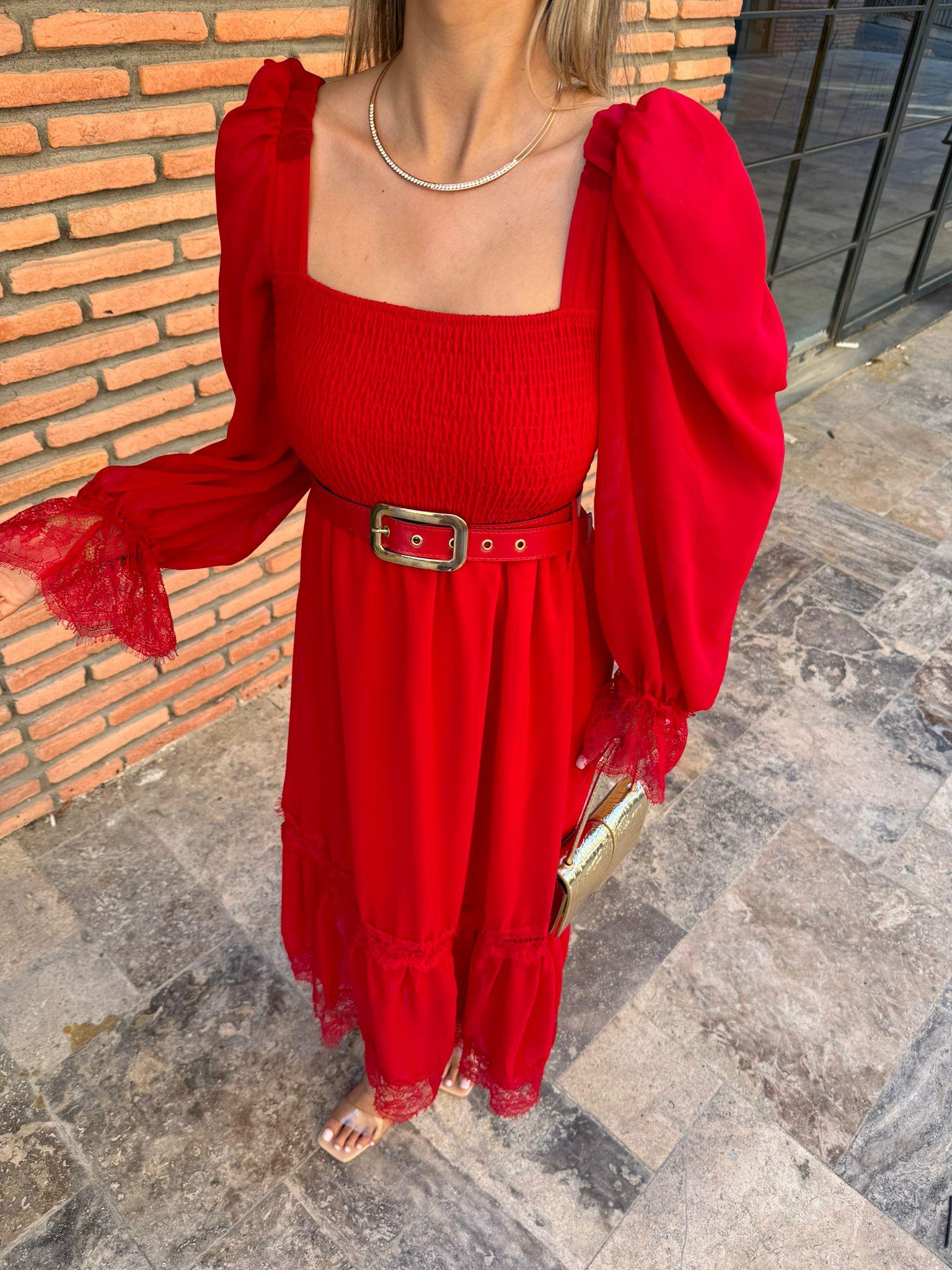 Rapunzel Dantel Detay Kemerli Şifon Elbise Kırmızı 1707343