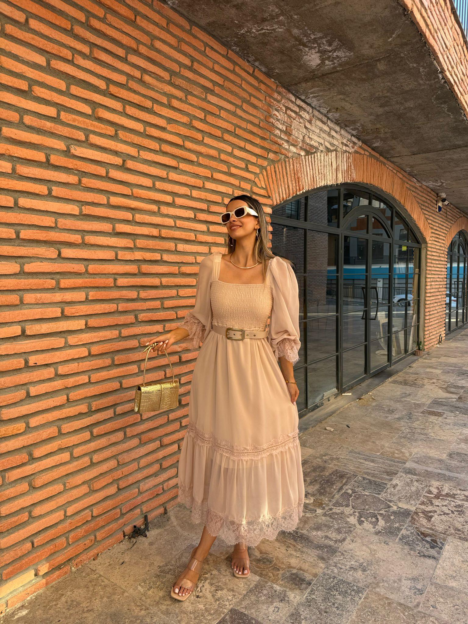 Rapunzel Dantel Detay Kemerli Şifon Elbise Krem 1707343