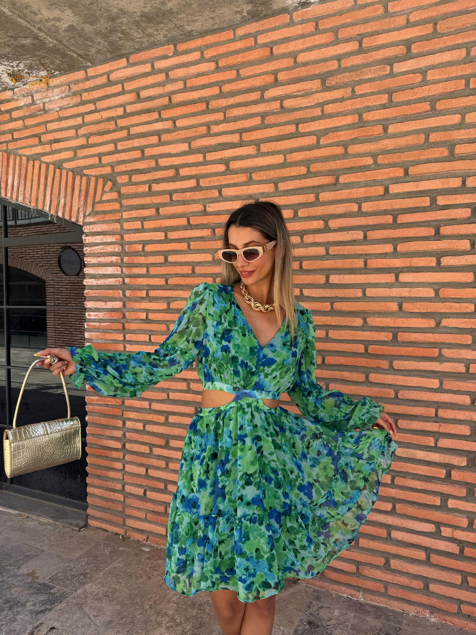 Raşel Sırt Dekolteki Çam Yeşili Desenli Elbise 070621155