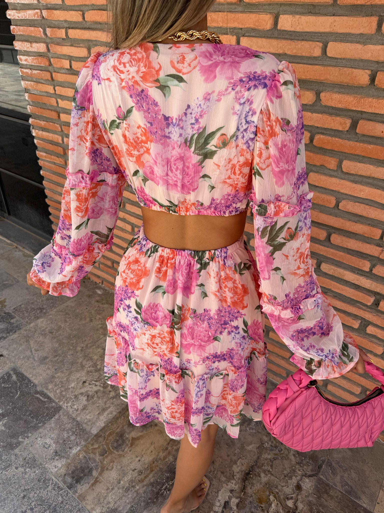 Raşel Sırt Dekolteki Pudra Çiçekli Elbise 070621155