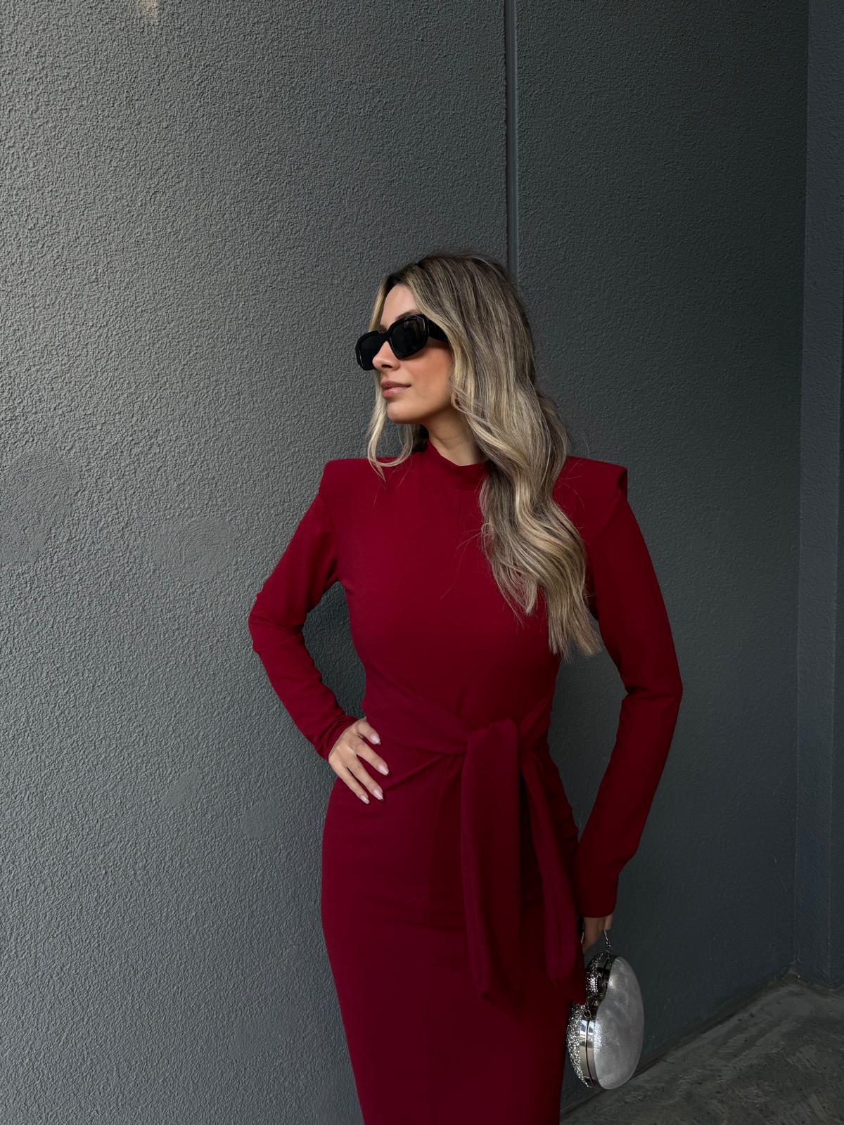 Renata Bağlamalı Bordo Uzun Kol Crep Elbise kelb2087grs