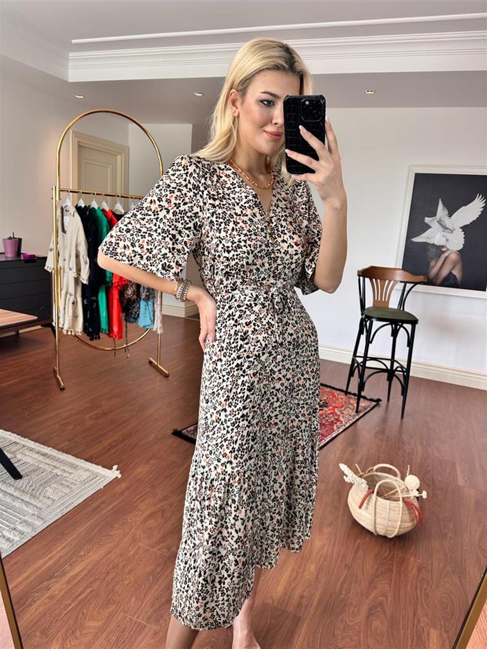 Ressa Çiçekli Viskon Elbise Siyah 2005241