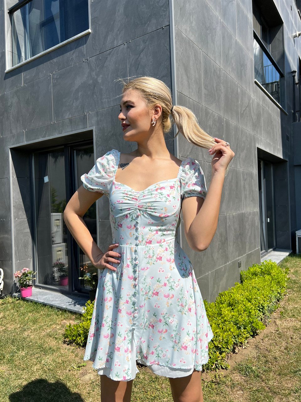 Rina Astarlı Çiçekli Mini Elbise