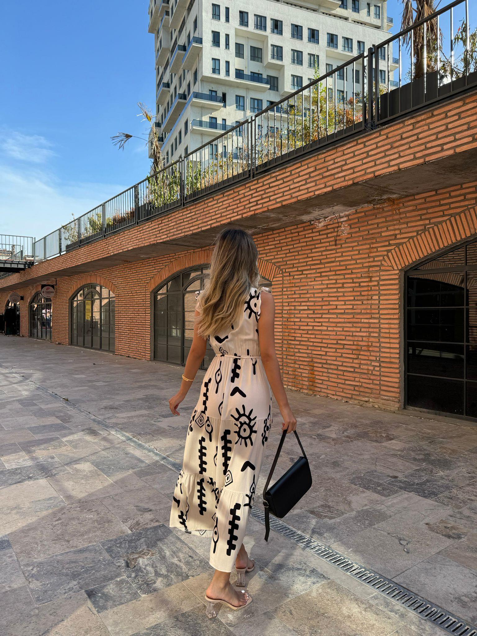 Rolda Göz Güneş Desenli Kol Fırfırlı Viskon Elbise Krem 070621117