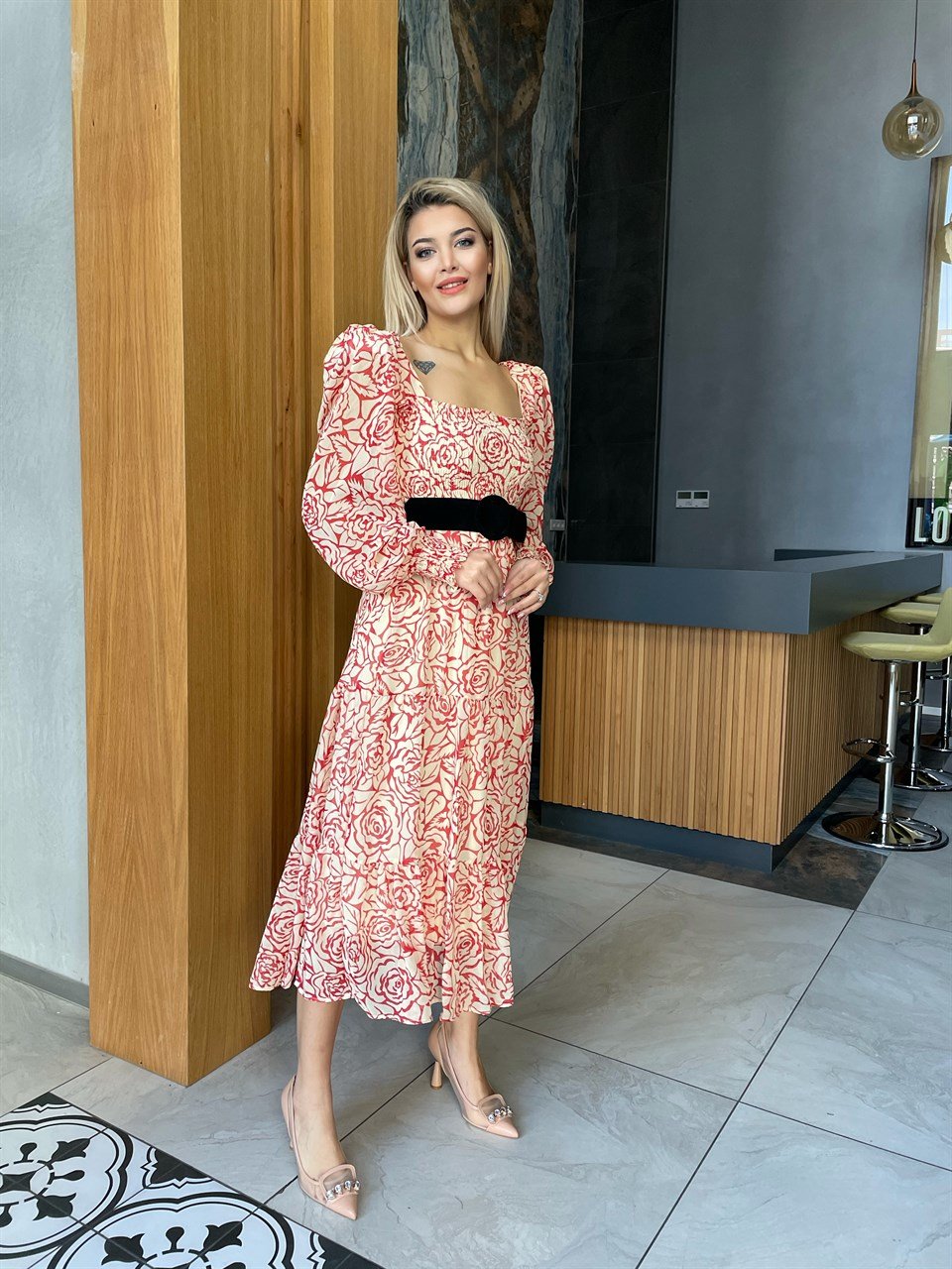 Rose Kemerli Şifon Elbise