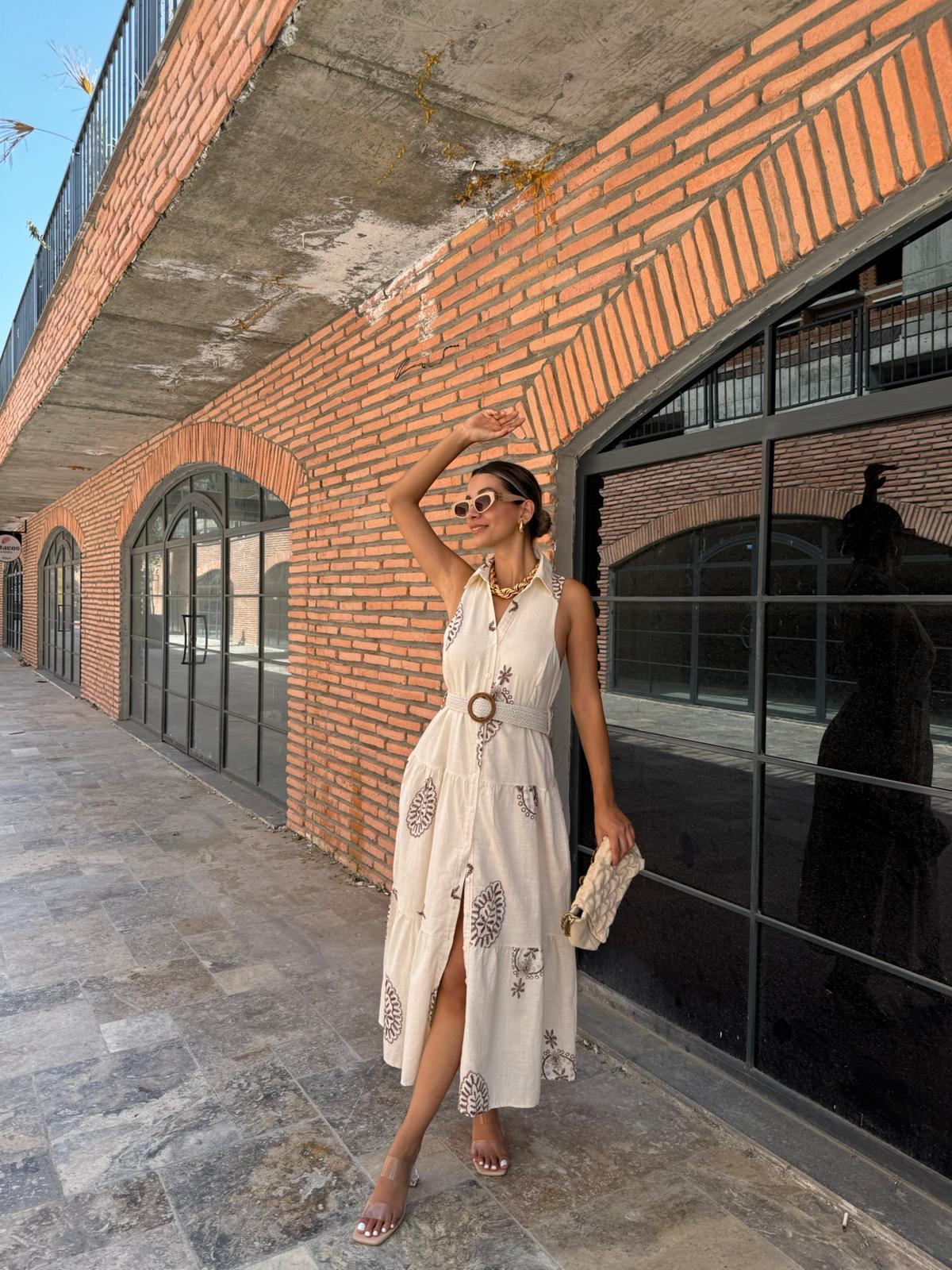 Şal Nakışlı Kemerli Kolsuz Keten Elbise 070621129