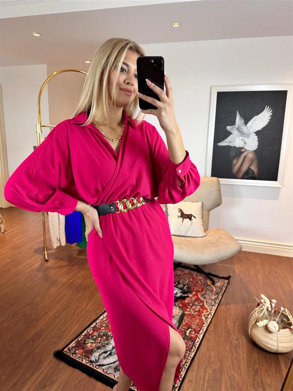 Sania Gold Zincir Kemerli Fuşya Elbise 0504110