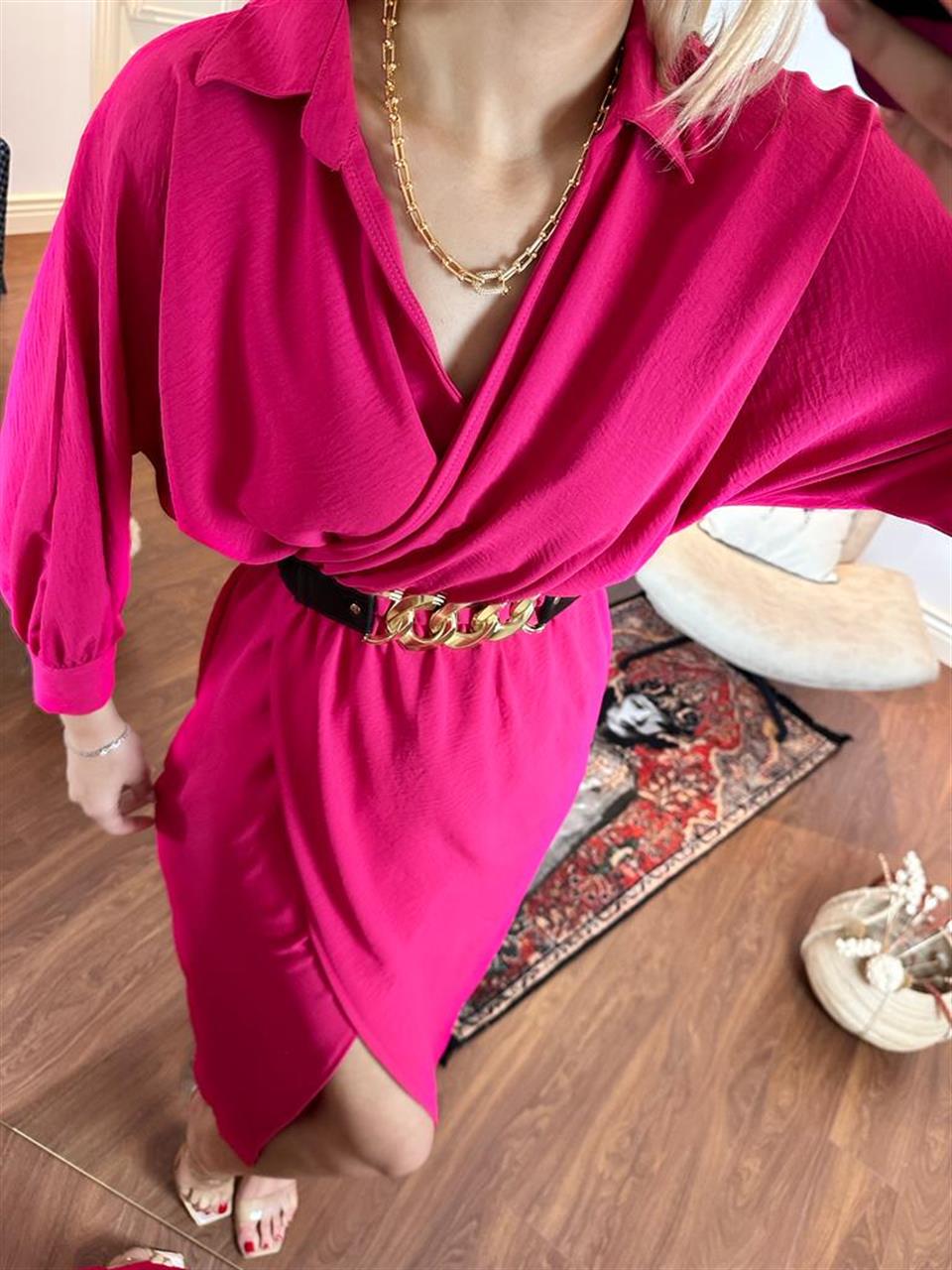 Sania Gold Zincir Kemerli Fuşya Elbise 0504110