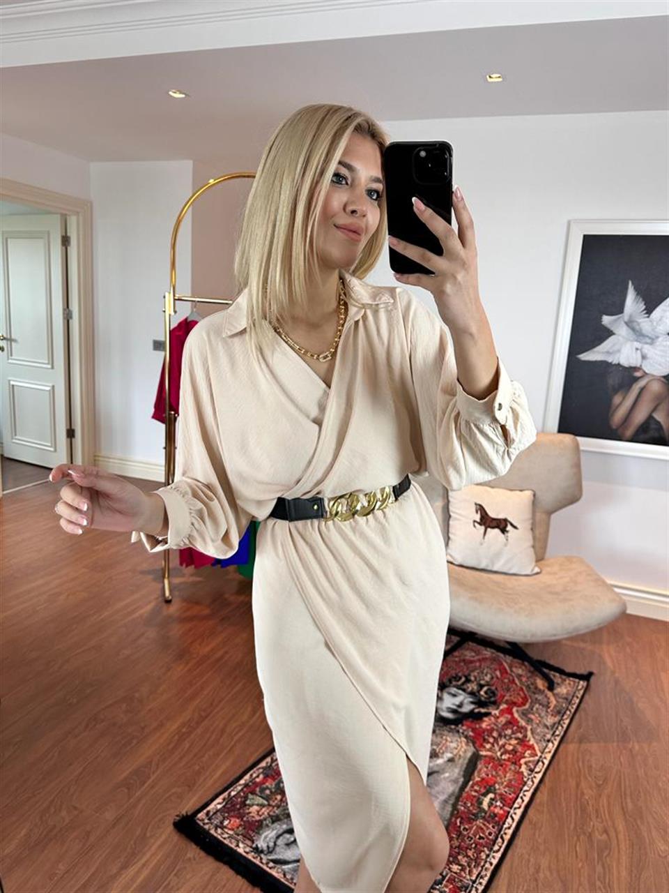 Sania Gold Zincir Kemerli Krem Elbise 0504110