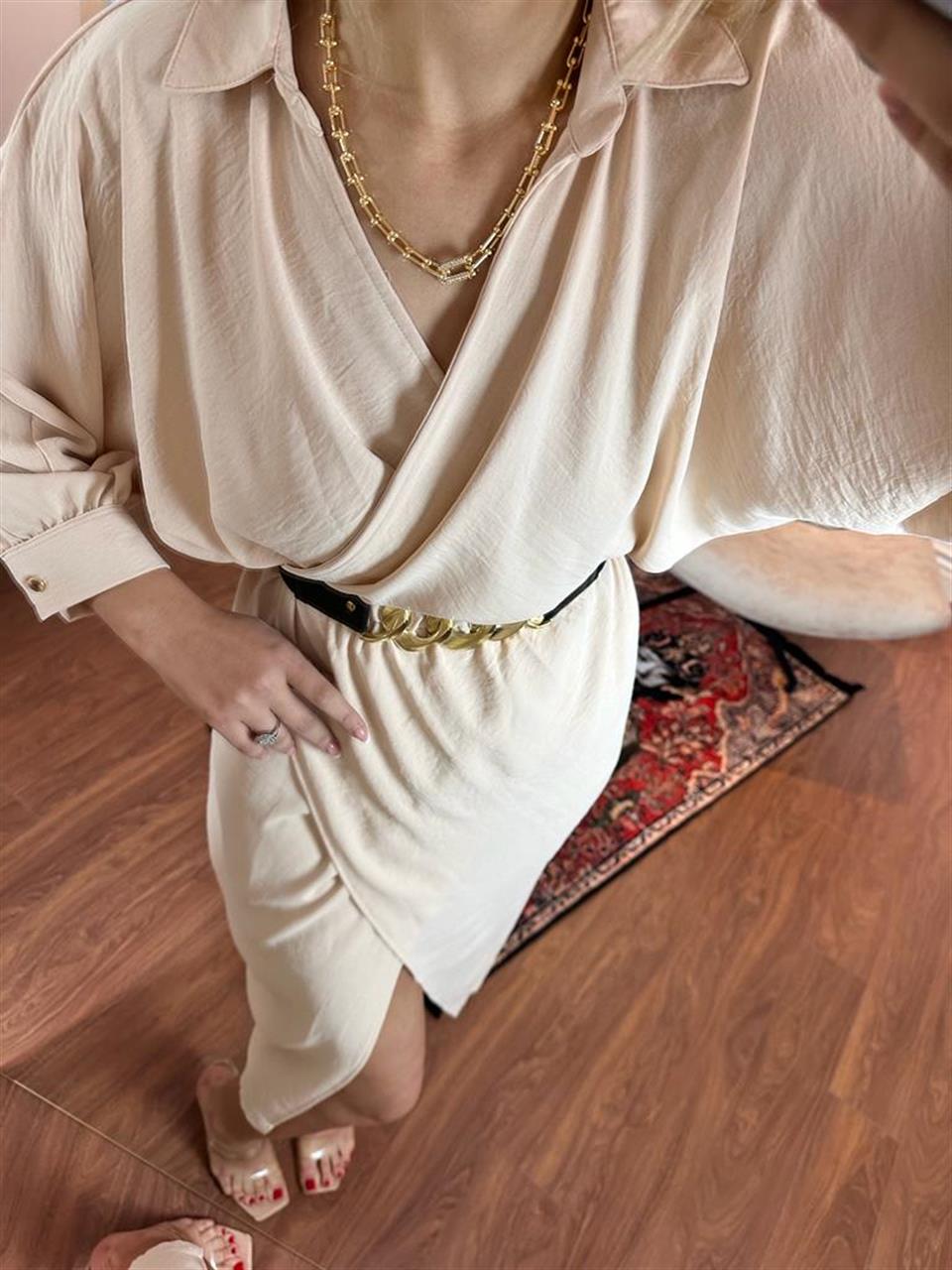 Sania Gold Zincir Kemerli Krem Elbise 0504110