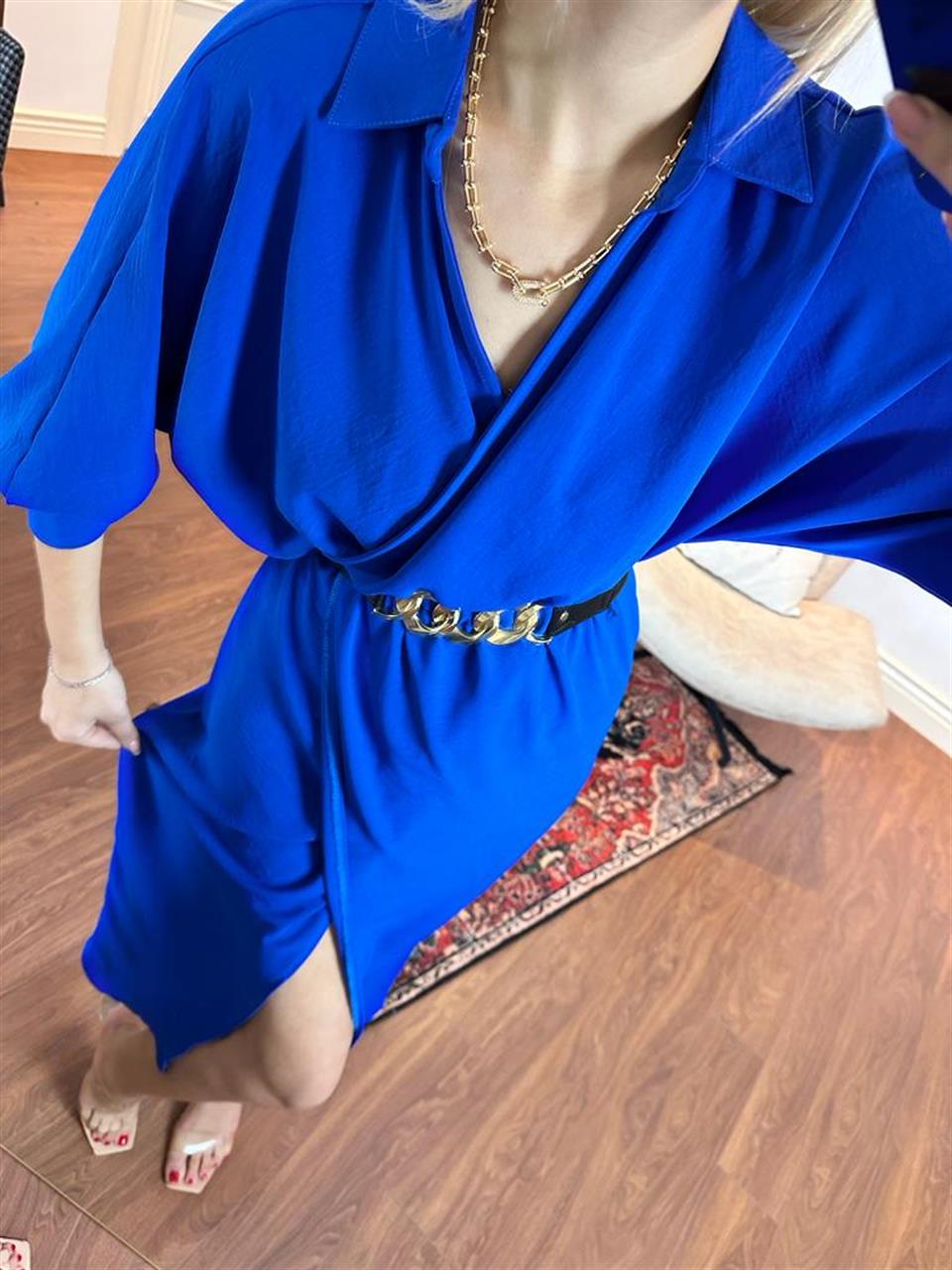 Sania Gold Zincir Kemerli Saks Elbise 0504110