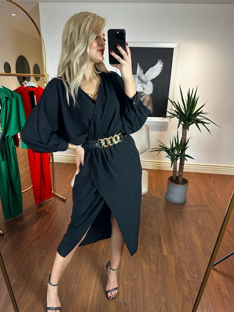 Sania Gold Zincir Kemerli Siyah Elbise 0504110