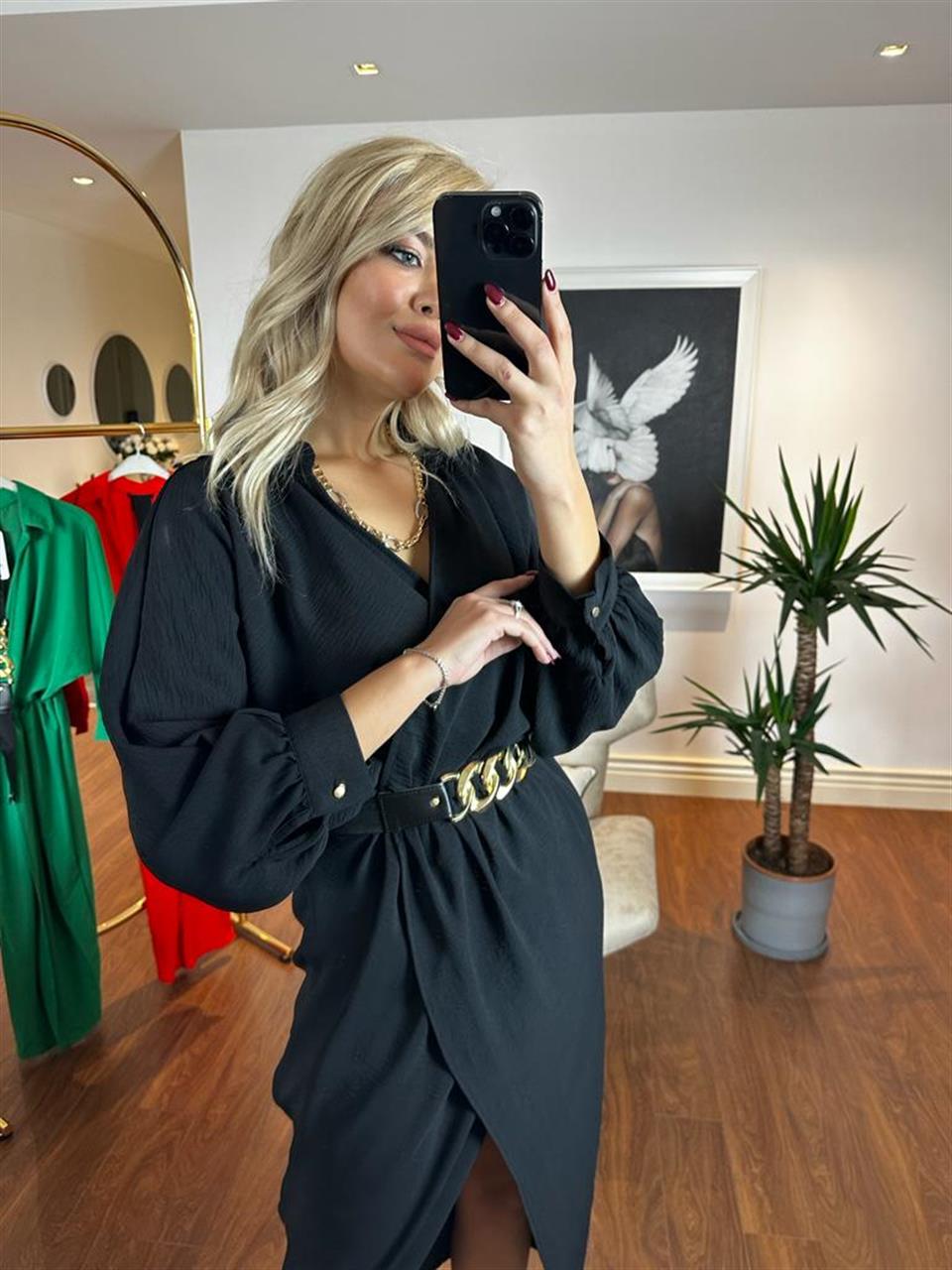 Sania Gold Zincir Kemerli Siyah Elbise 0504110