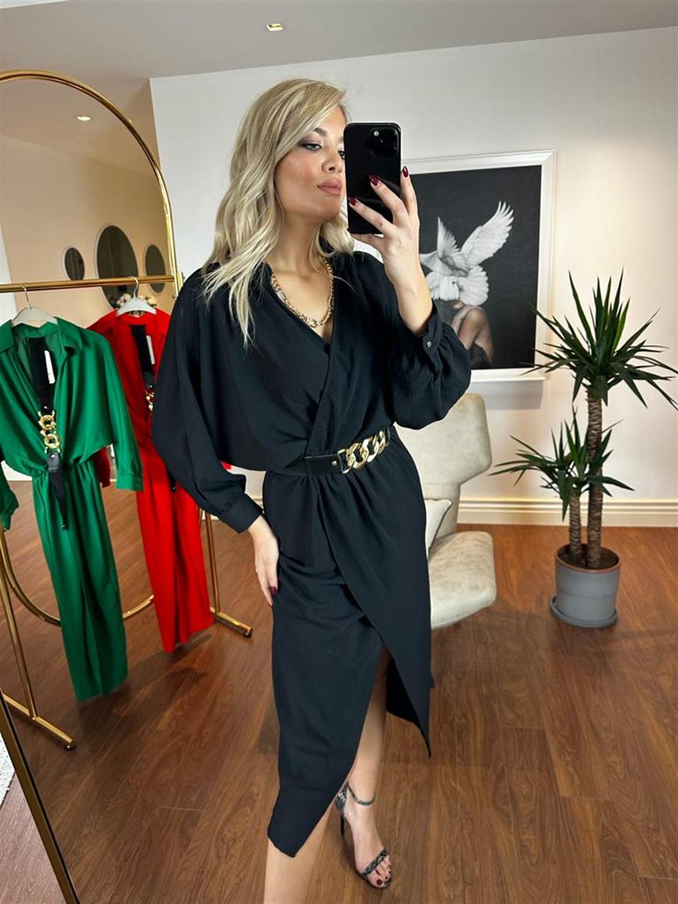 Sania Gold Zincir Kemerli Siyah Elbise 0504110