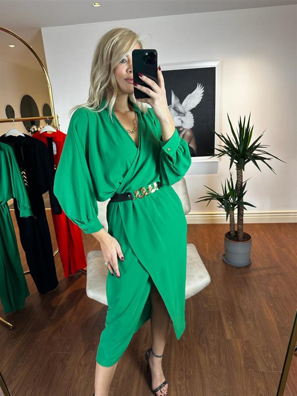 Sania Gold Zincir Kemerli Yeşil Elbise 0504110