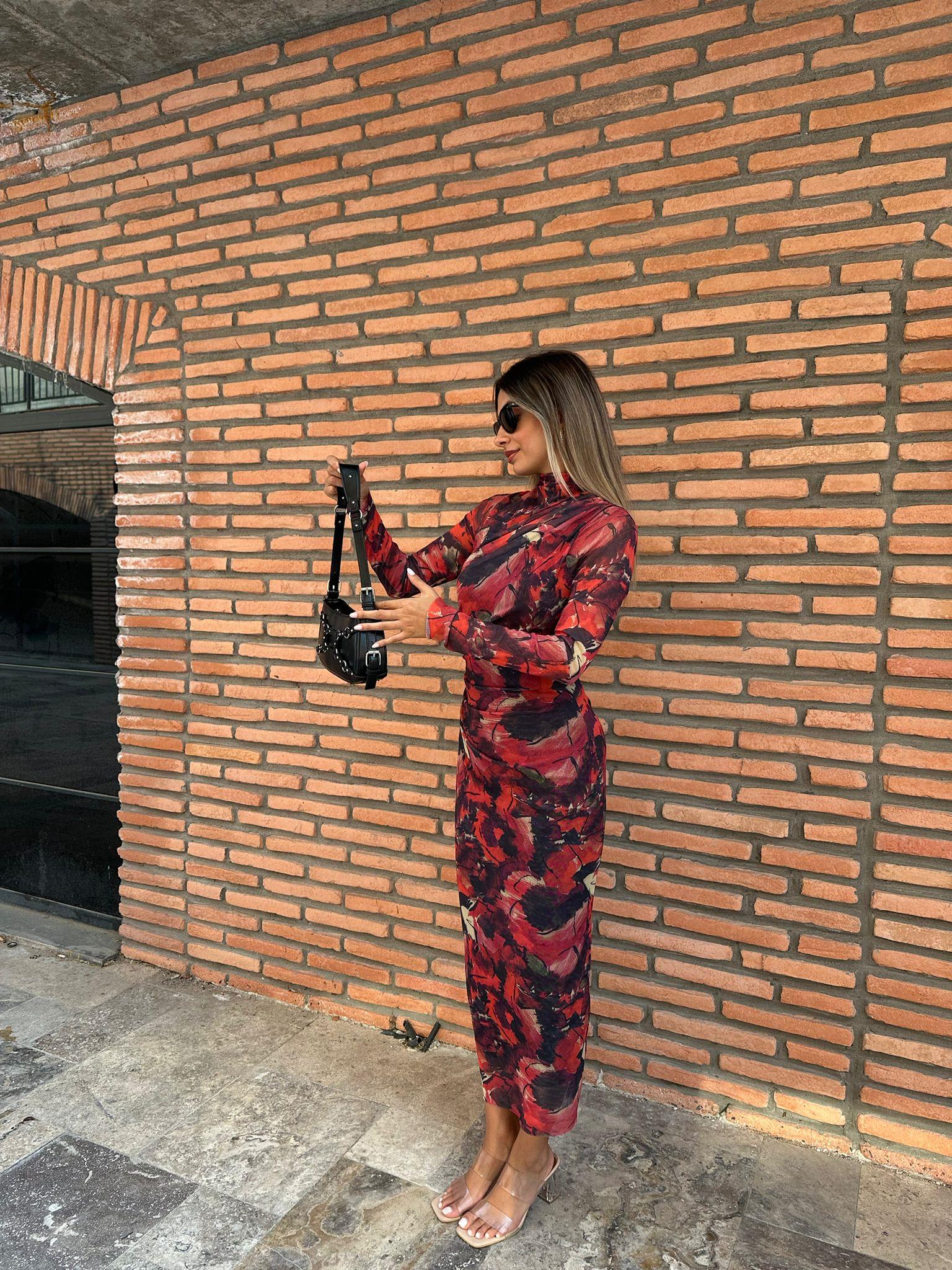 Selisa Kırmızı Desenli Tül Elbise  070621196