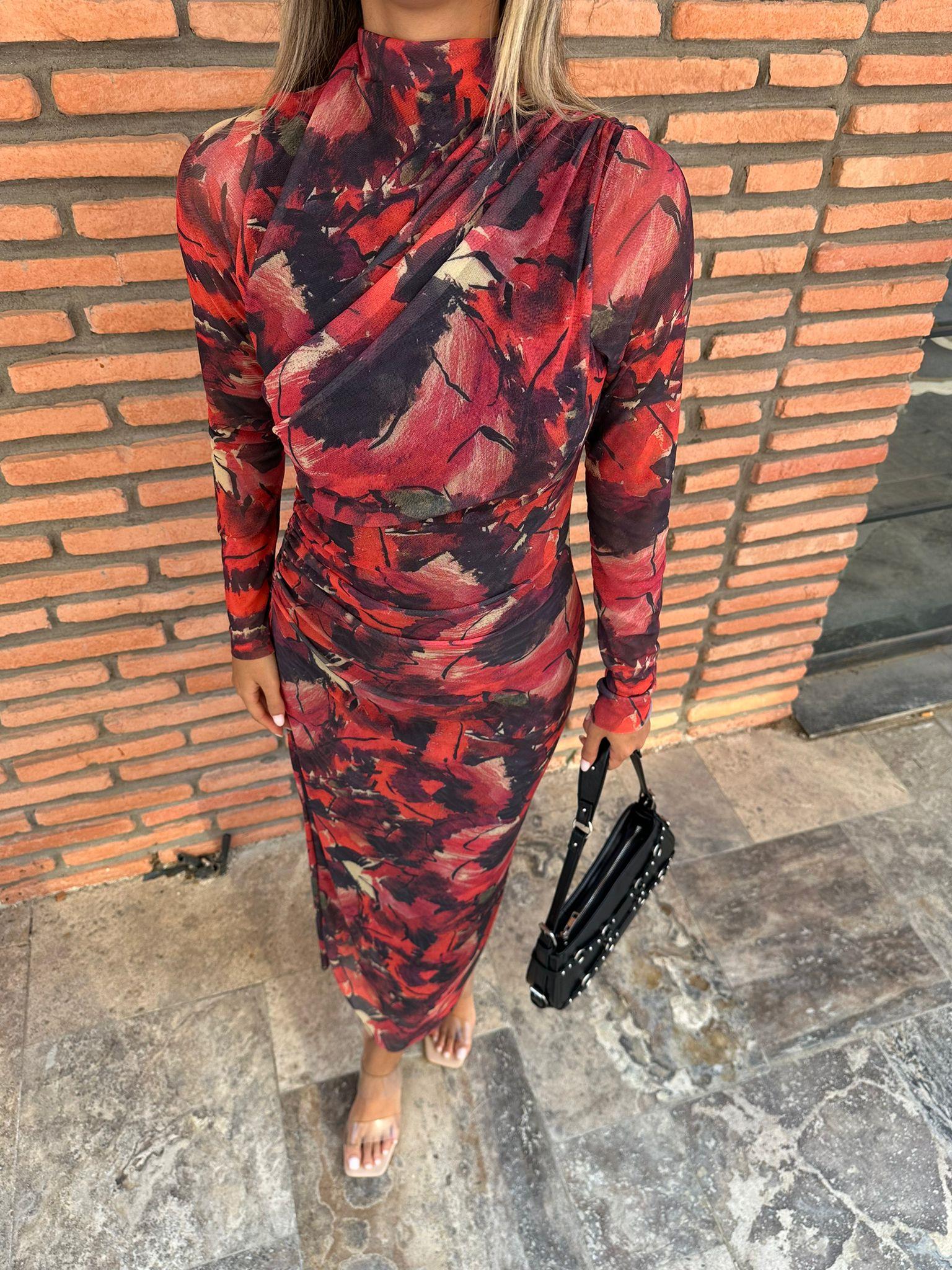 Selisa Kırmızı Desenli Tül Elbise  070621196
