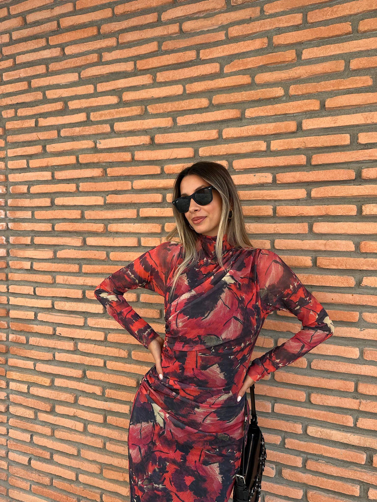 Selisa Kırmızı Desenli Tül Elbise  070621196