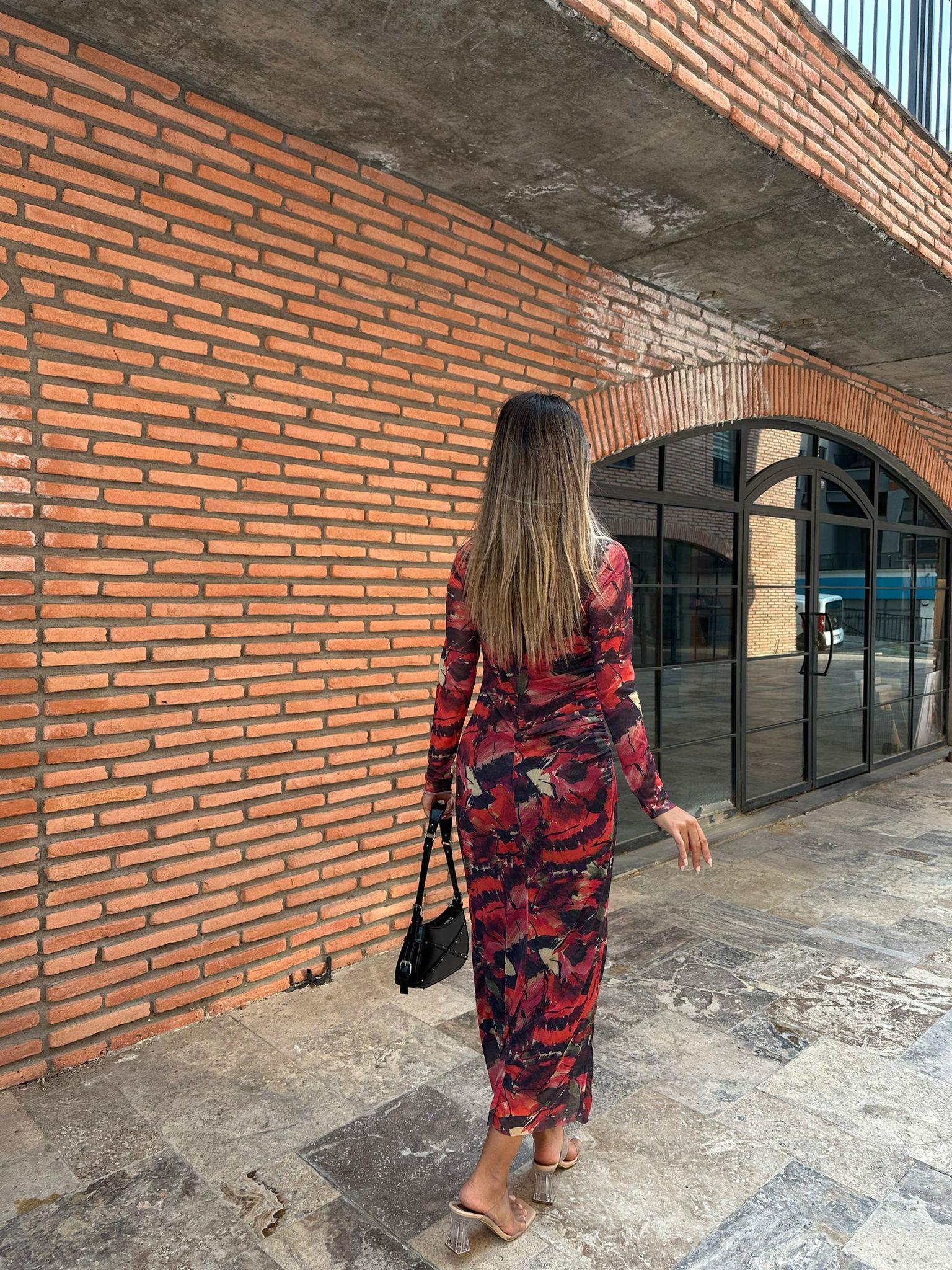 Selisa Kırmızı Desenli Tül Elbise  070621196