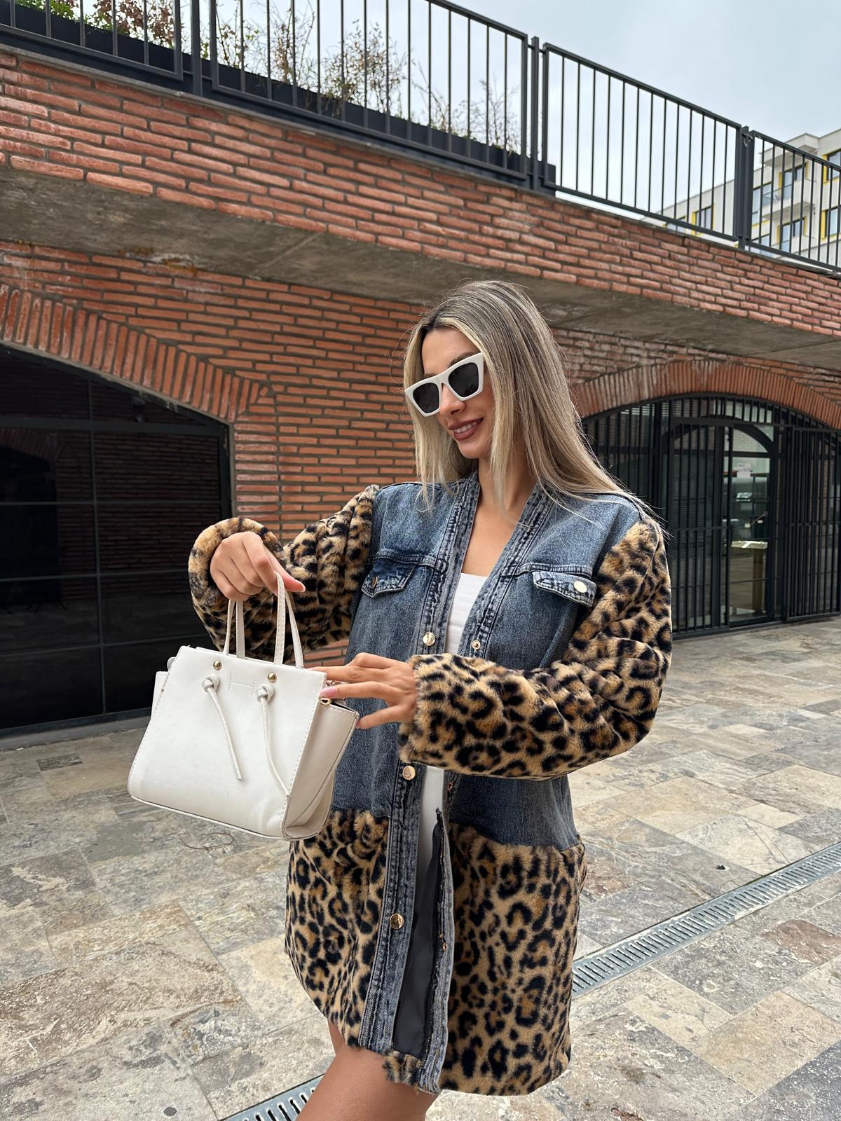 Sely Leopar Kürklü Jean Hırka hrk2033rvd