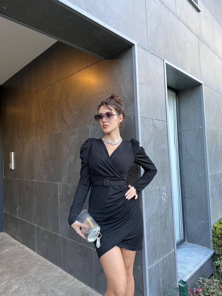 Simli Kumaş Prenses Kol Anvelop Elbise Siyah 1707443