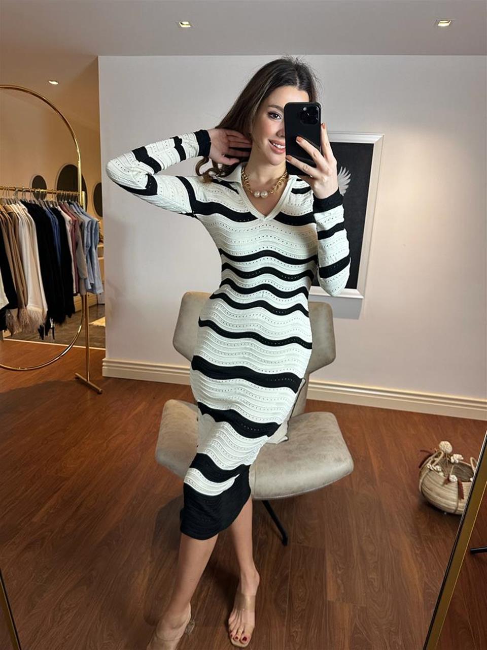 Siyah Beyaz Ajurlu Elbise 230284