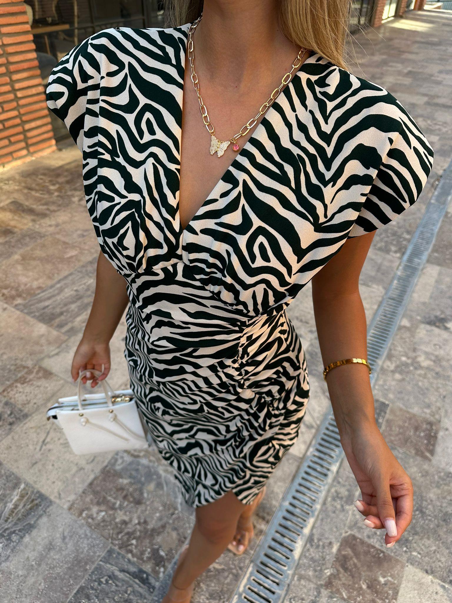 Siyah Beyaz Desenli Zebra Kalem Elbise 070621193