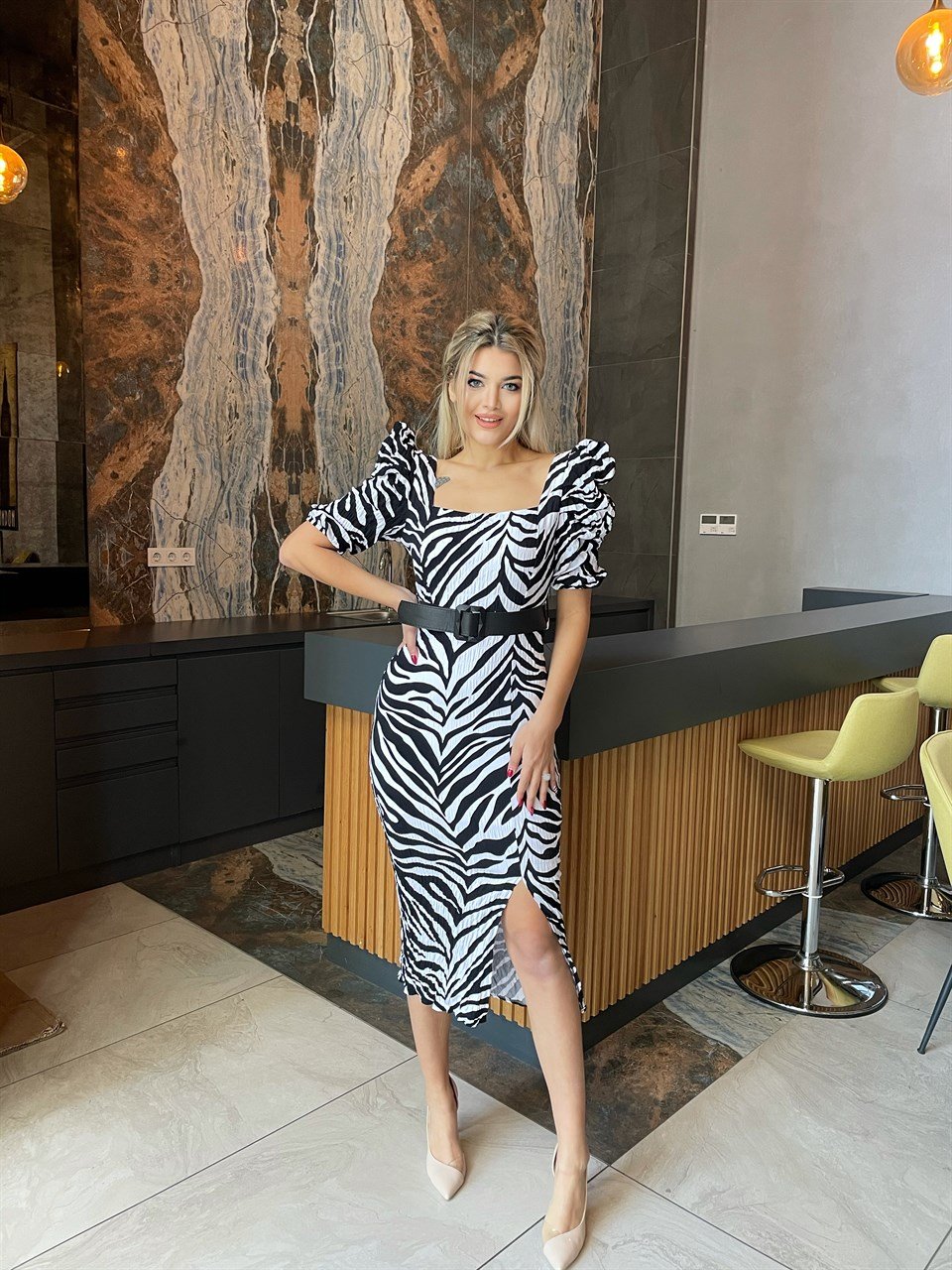 Siyah Beyaz Kemerli Zebra Elbise