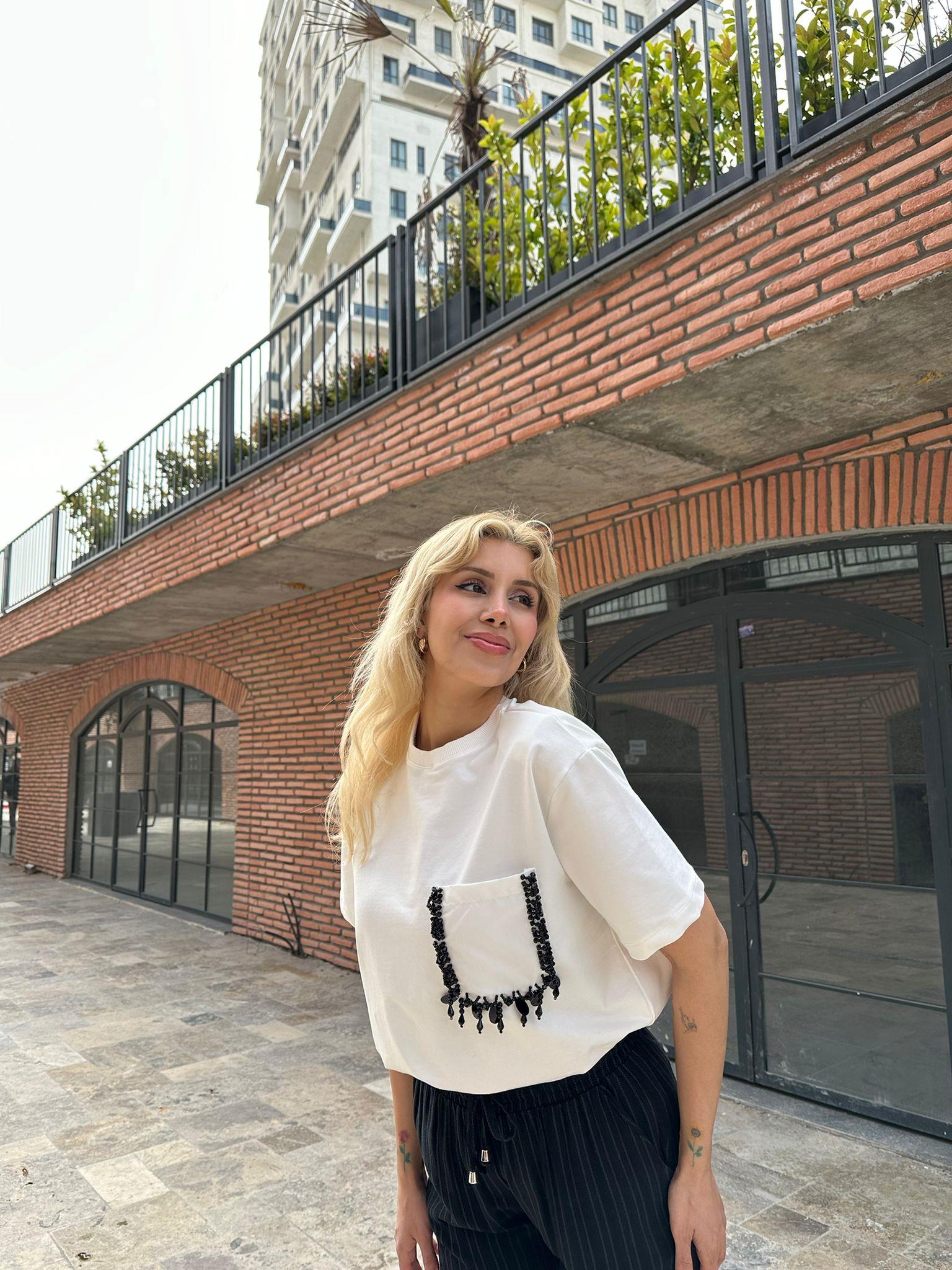 Siyah Boncuklu Beyaz Basic Tshrt 0706269