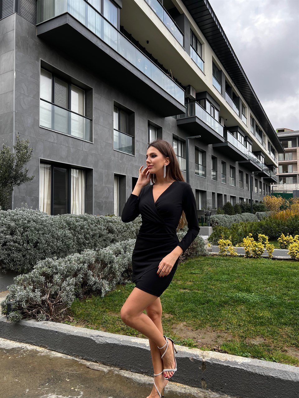 Siyah Drapeli Crep Elbise 3720-SİYAH