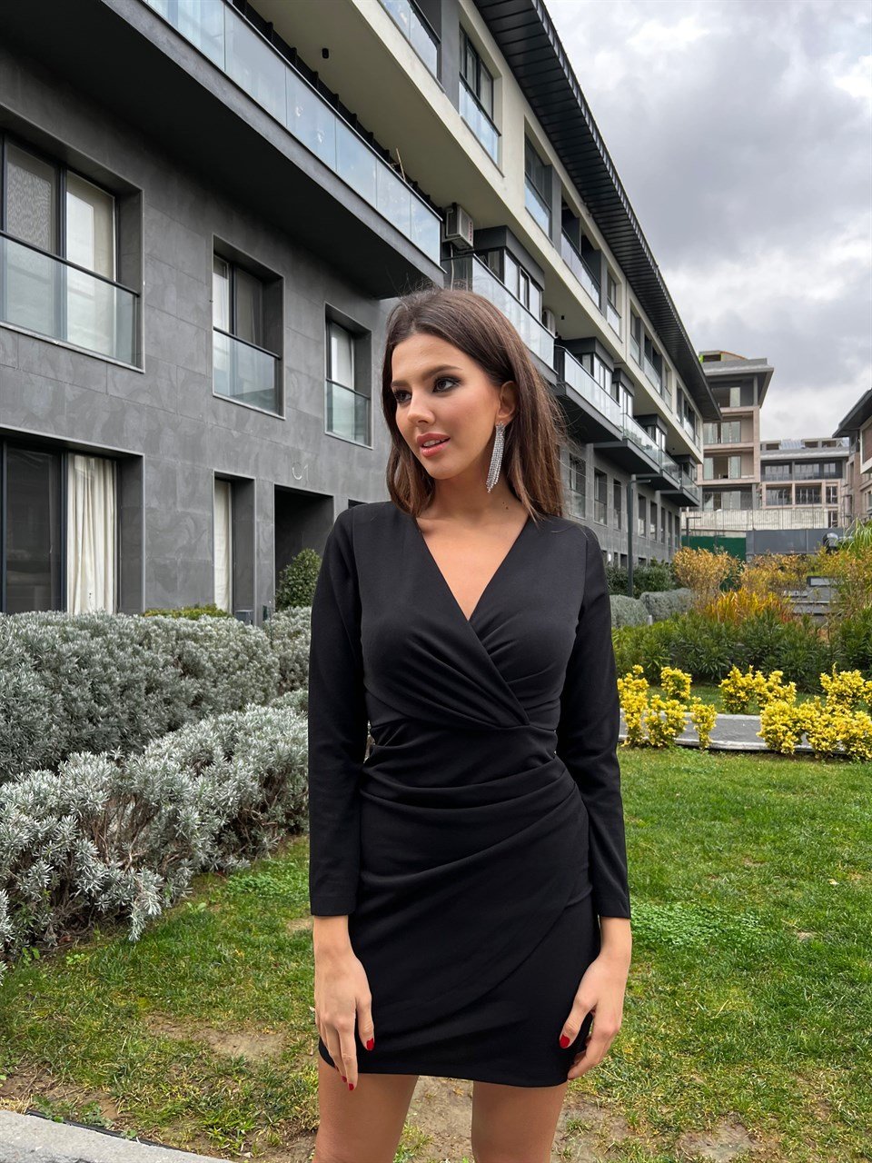 Siyah Drapeli Crep Elbise 3720-SİYAH