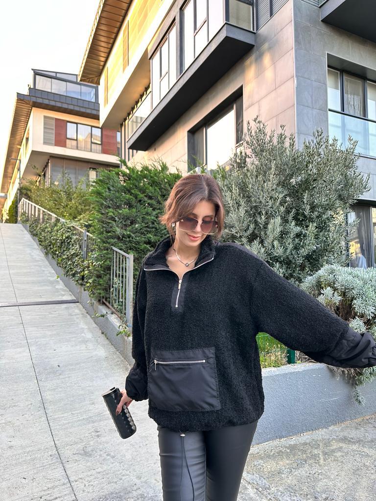 Siyah Kanguru Cep Kuzu Sweat 1707476