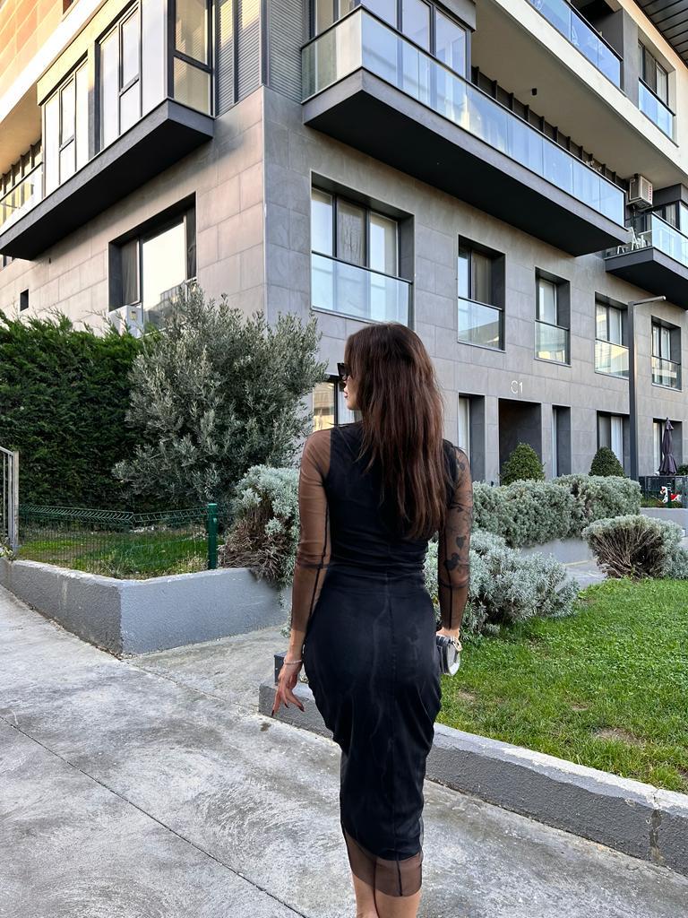 Siyah Üstü Gri Efektli Tül Elbise 1707472
