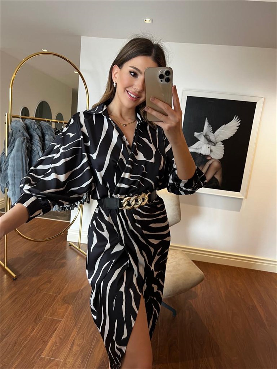 Siyah Zebra Desen Bel Lastik Elbise 230210
