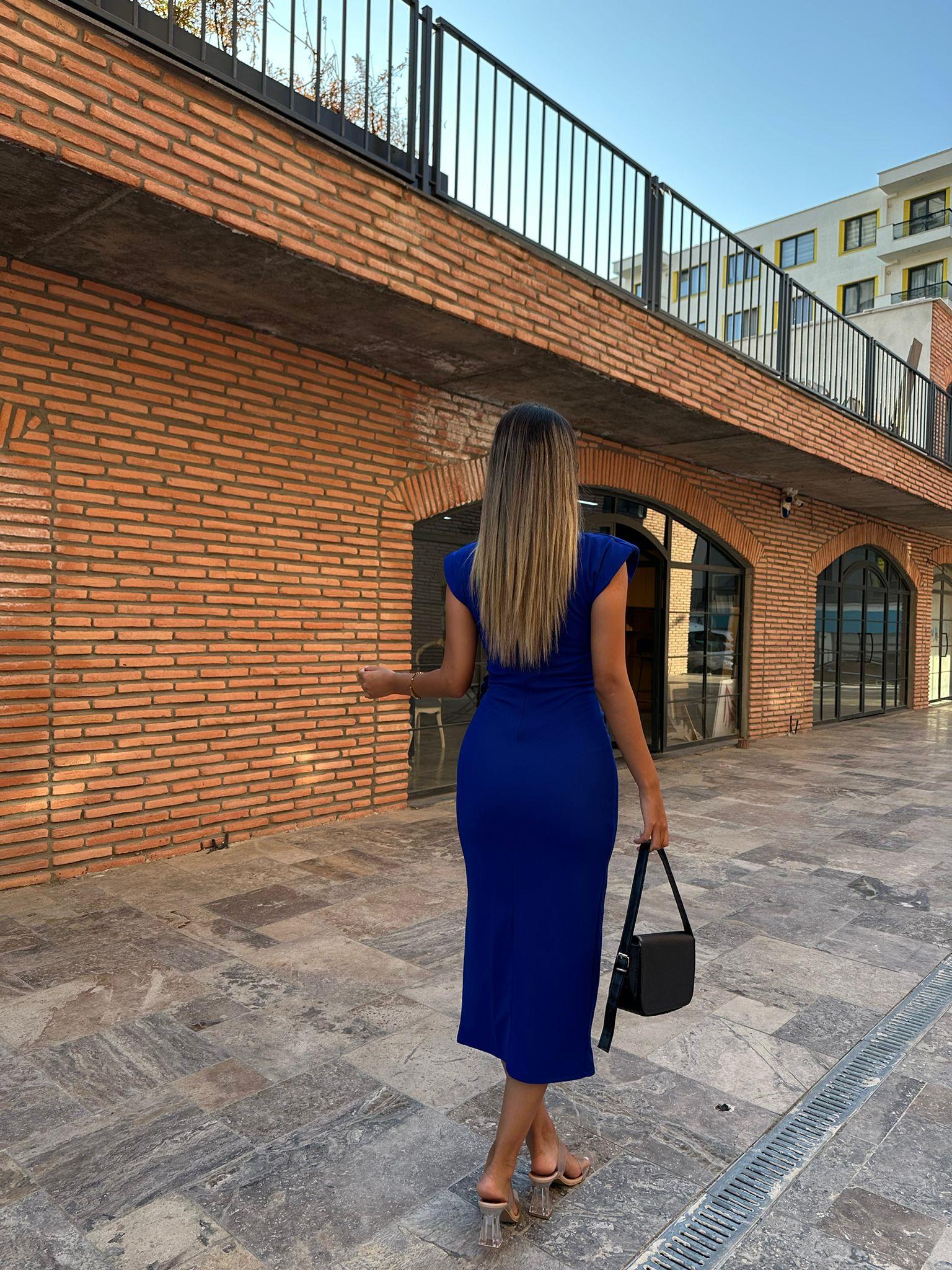 Sola Çiçek Broşlu Saks Kalem Elbise 070621189