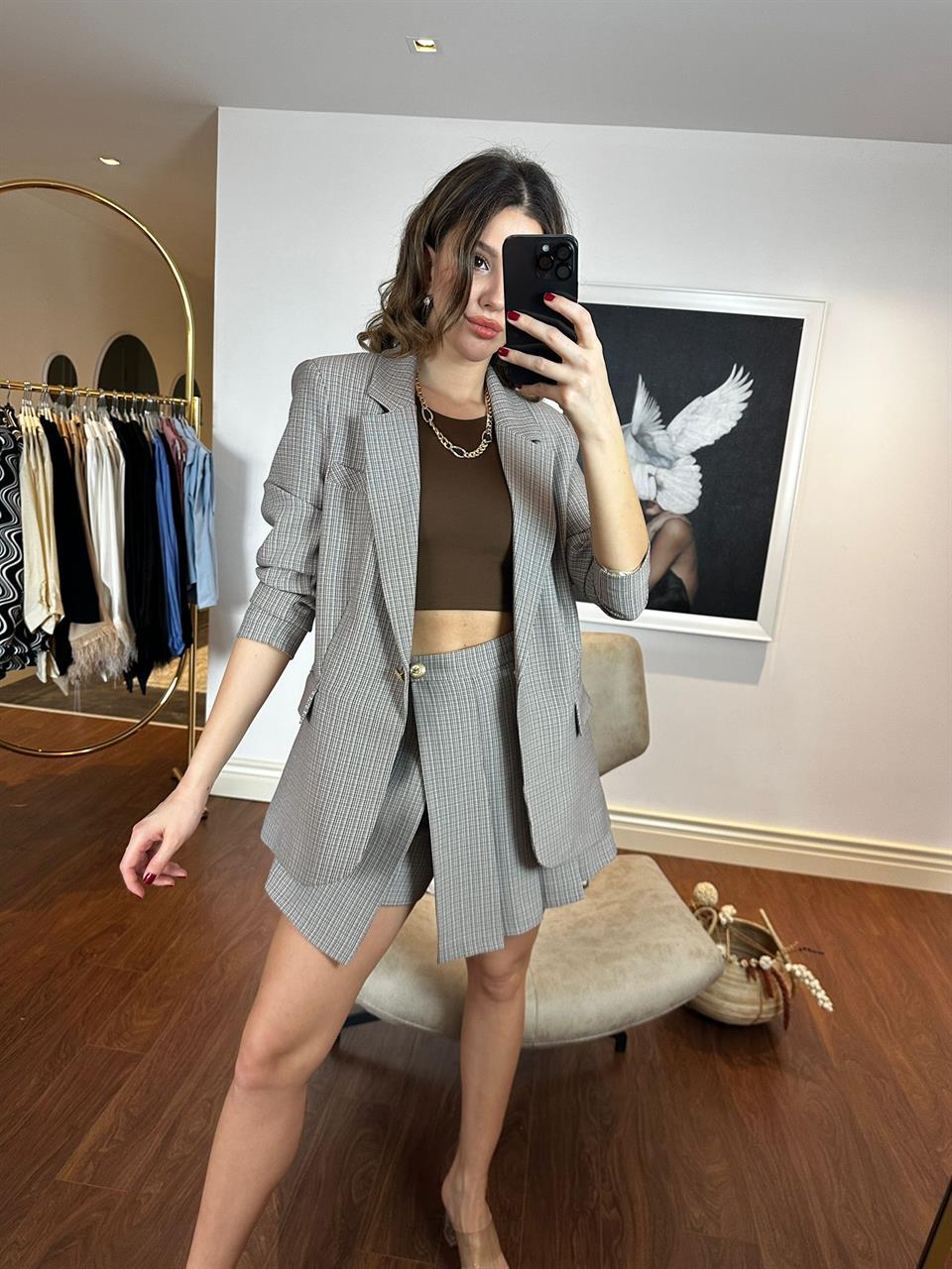 Şort Etekli Blazer Pitikare Takım Hardal 230261