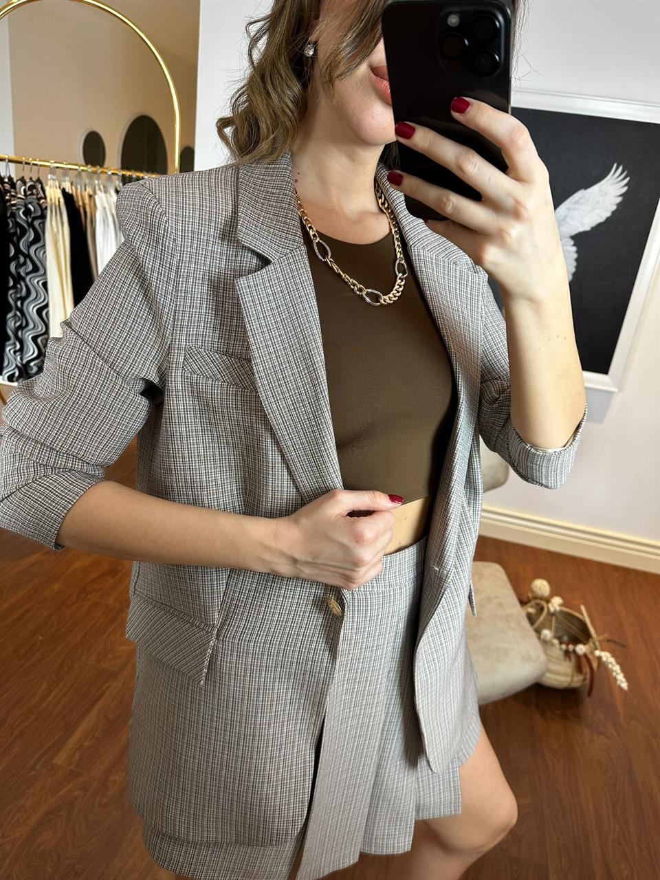 Şort Etekli Blazer Pitikare Takım Hardal 230261