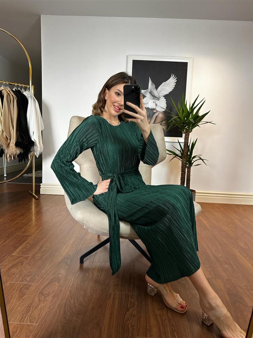Talya Kuşaklı Piliseli Yeşil Elbise 230243