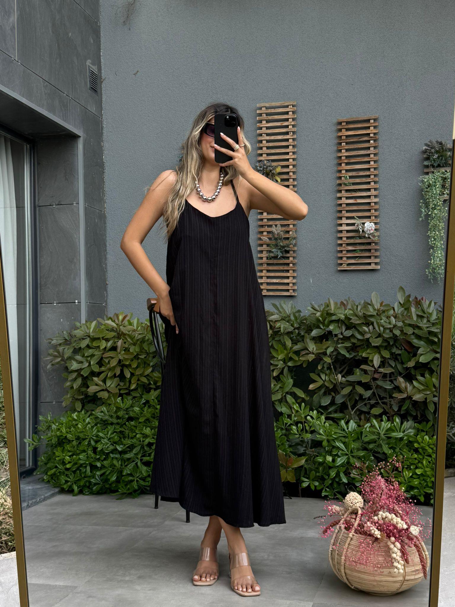 Tarak İplik Kumaş İp Askılı Salaş Elbise Siyahyelb0102ent