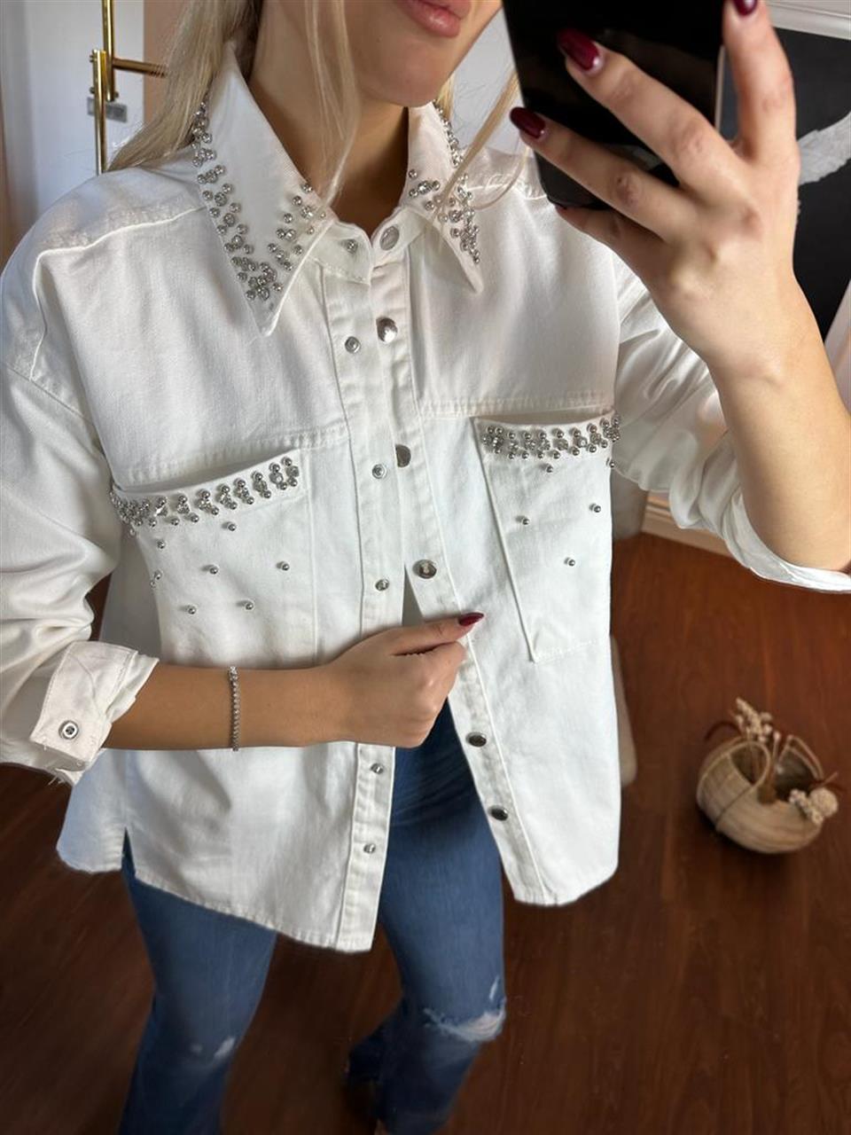 Taş Çakımlı Beyaz Jean Ceket 0805173