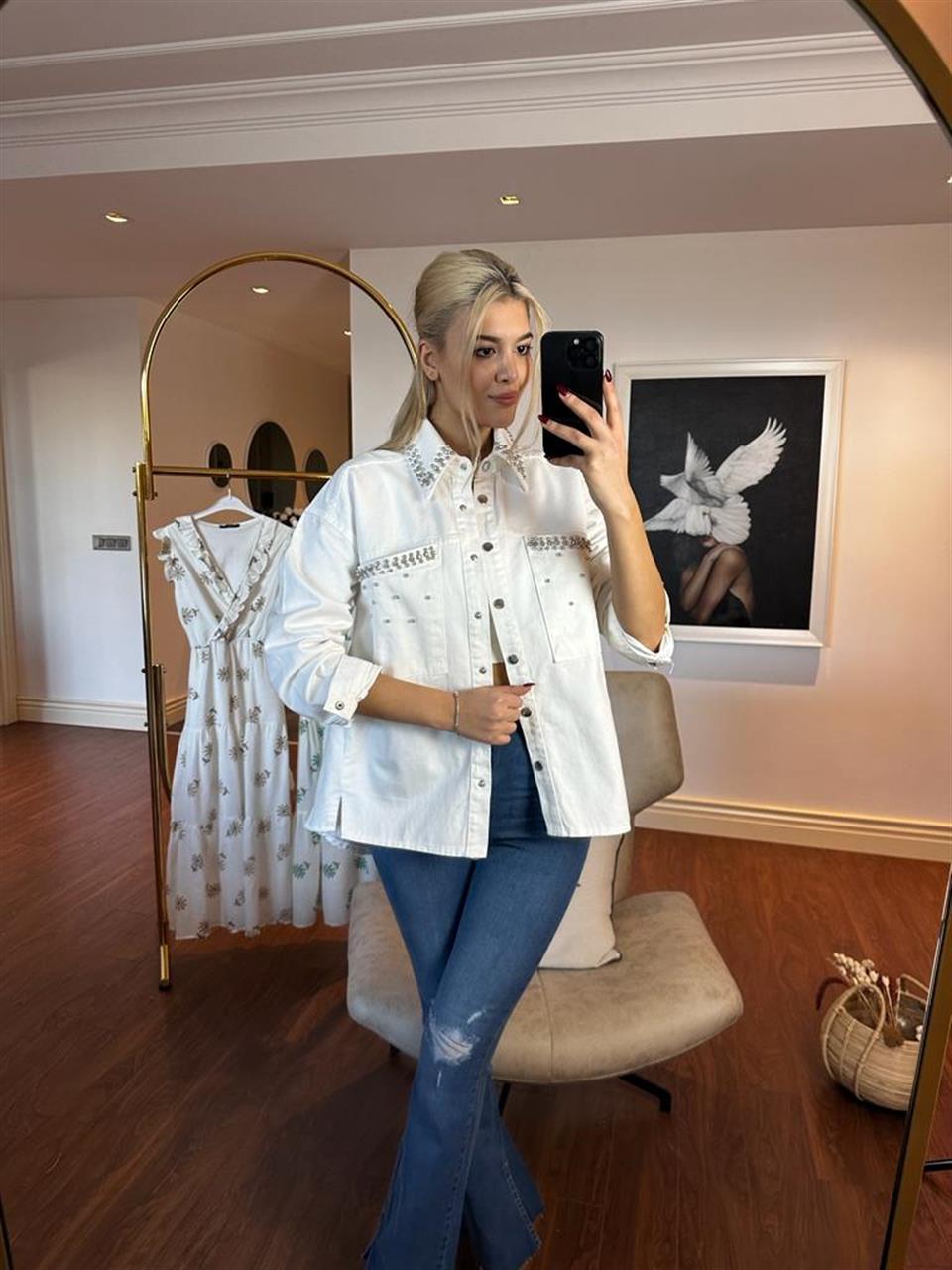 Taş Çakımlı Beyaz Jean Ceket 0805173