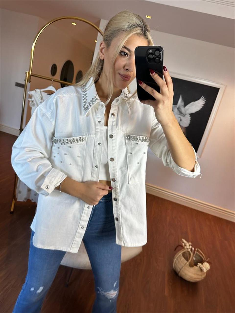 Taş Çakımlı Beyaz Jean Ceket 0805173