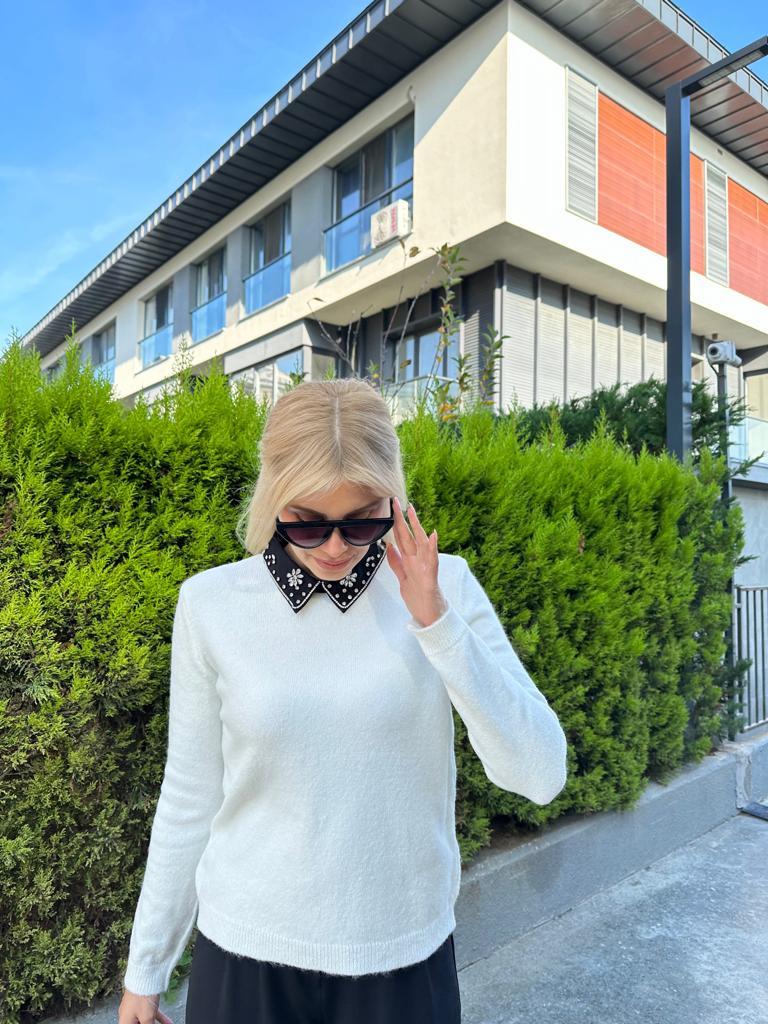 Taş işleme Gömlek Yaka Beyaz Triko 1707561