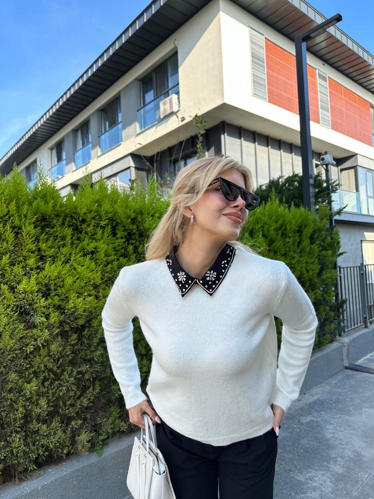Taş işleme Gömlek Yaka Beyaz Triko 1707561