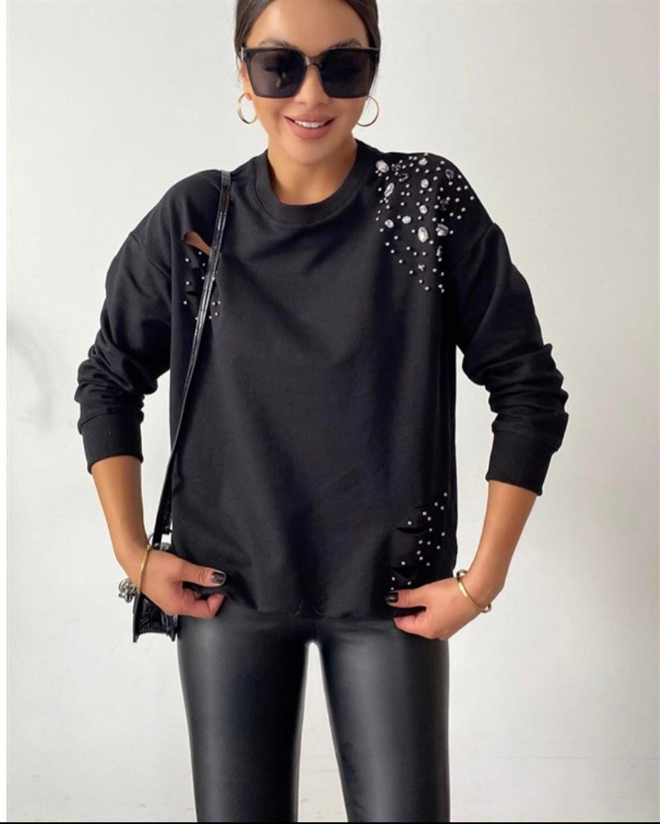 Taş İşleme Siyah Sweat