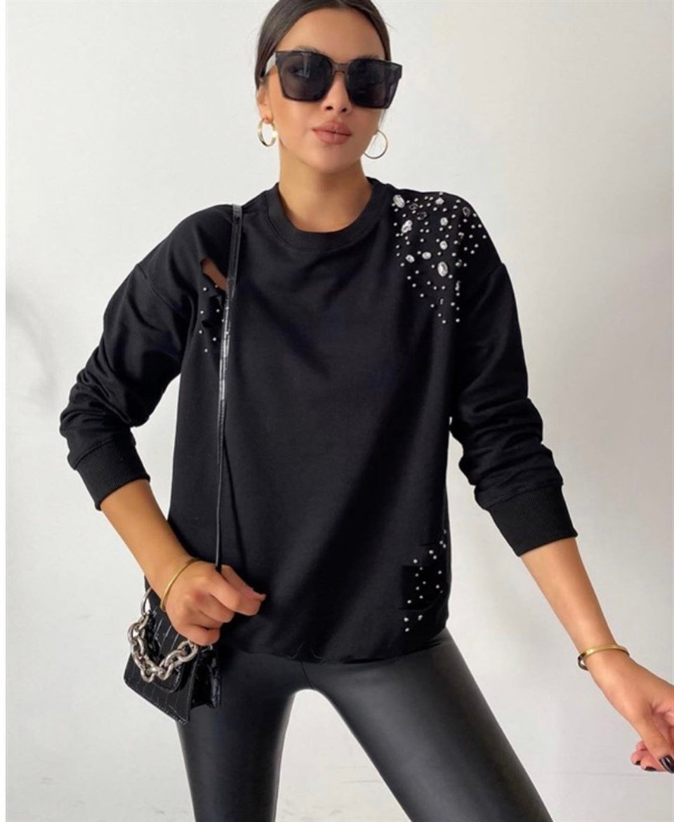 Taş İşleme Siyah Sweat