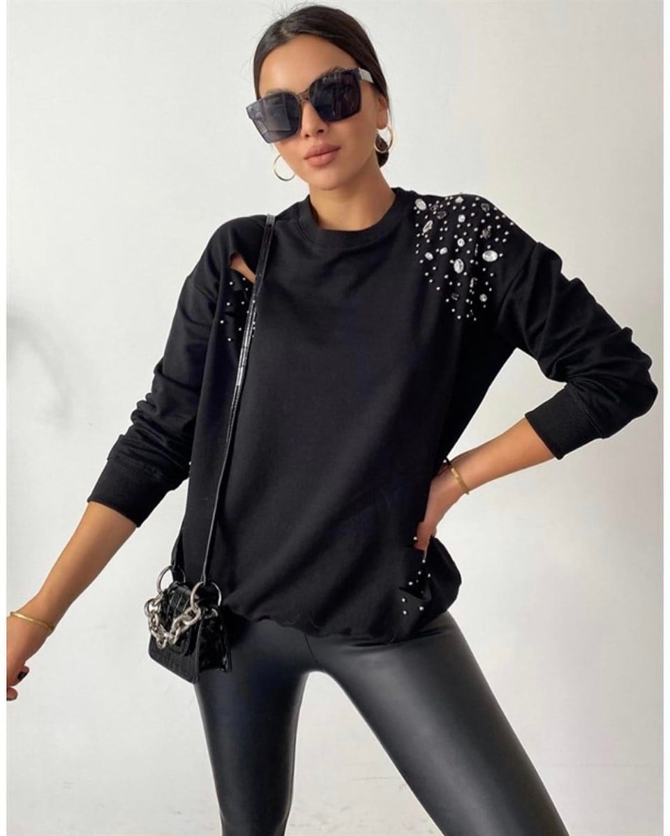Taş İşleme Siyah Sweat