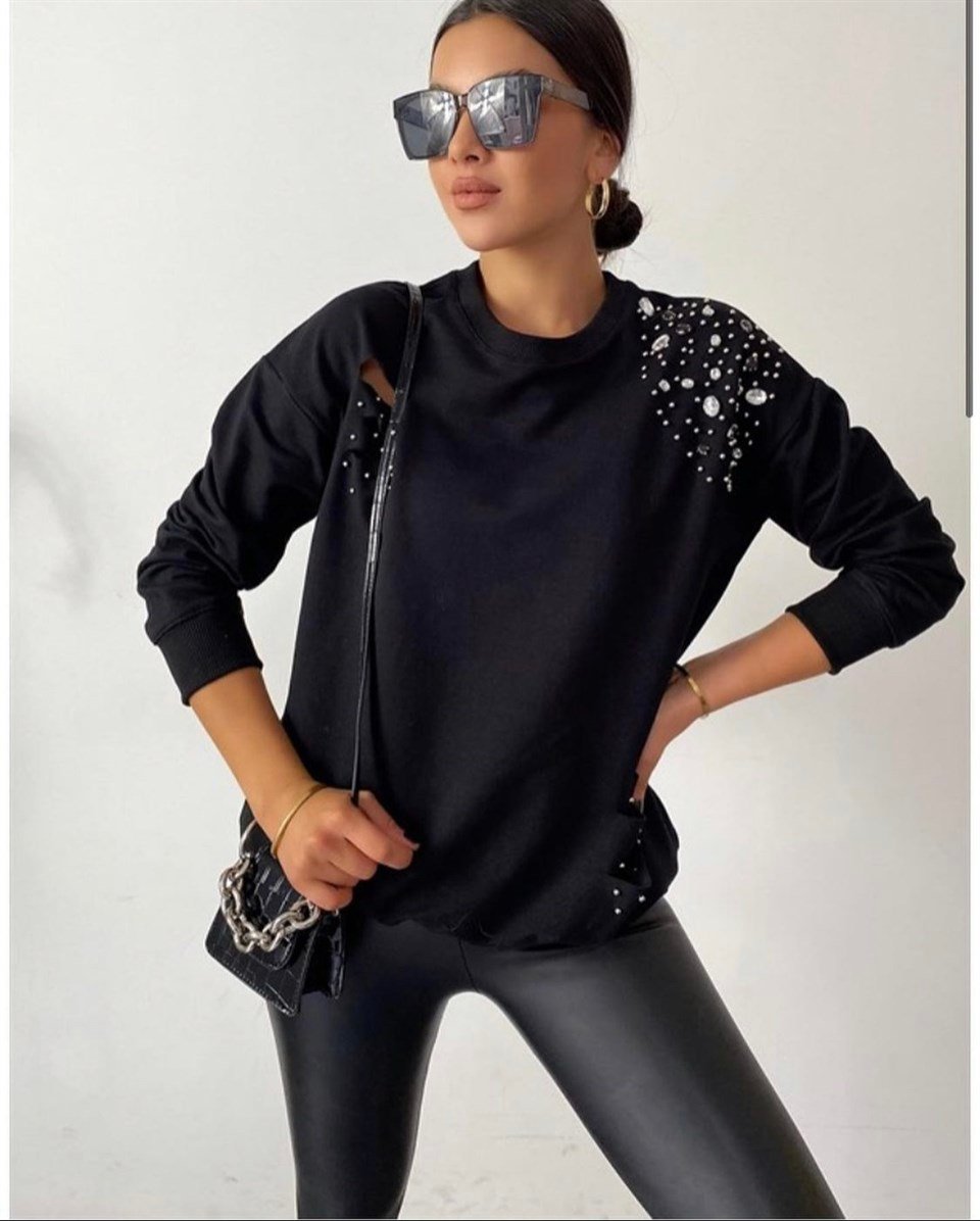 Taş İşleme Siyah Sweat